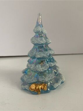 Vintage Fenton 3" Blue Iridescent Flocked Christmas Tree w/Gold Cat